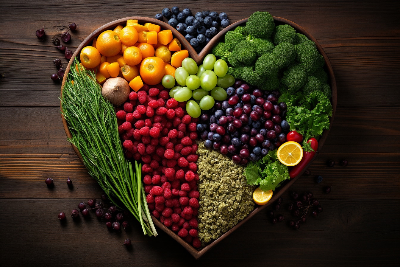 alimentation saine : composition de fruits et légumes frais de saison