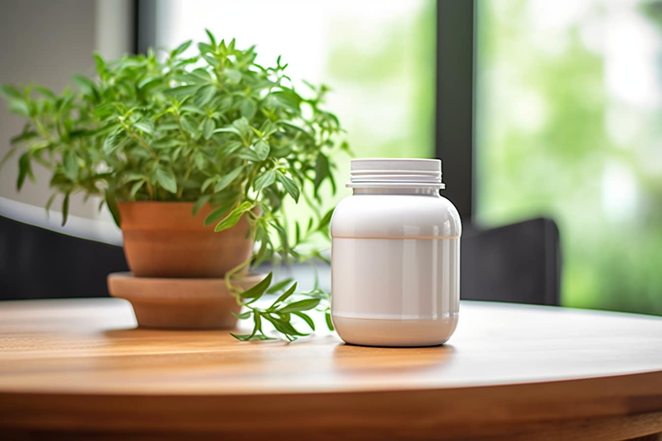 ménopause : pot de compléments Provitalize avec ingrédients naturels en arrière-plan
