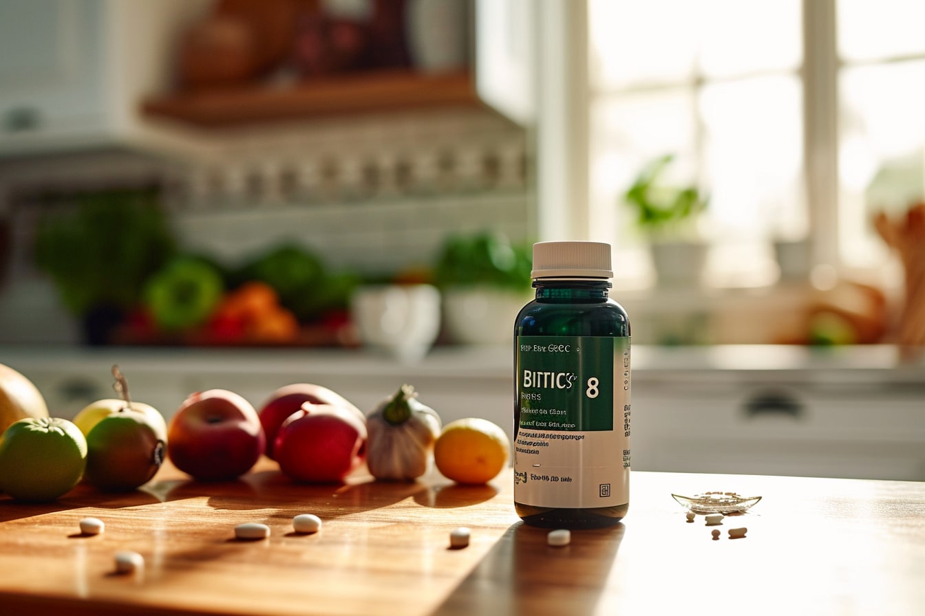 probiotique pour hommes : flacon de Biotics 8 avec des représentations de bénéfices pour la santé masculine