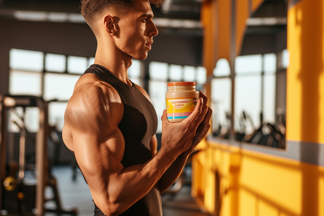 protéine decathlon : pot de protéine whey Decathlon avec accessoires de sport