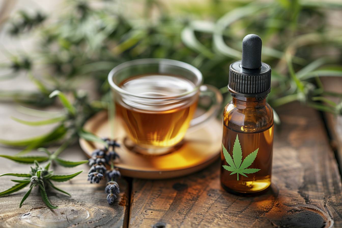 CBD et stress : bouteilles d'huile de CBD avec des feuilles de chanvre sur fond apaisant