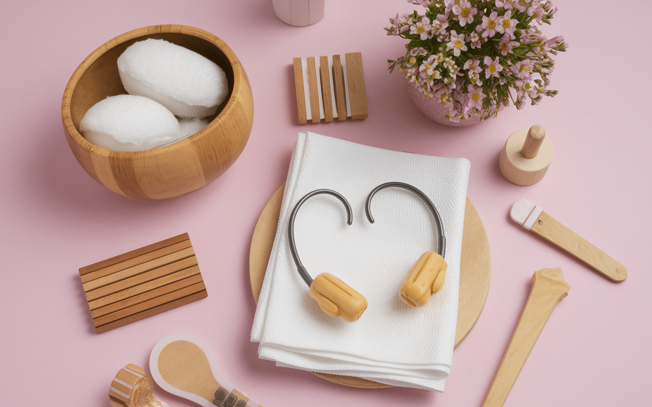 Oriculi bambou, coton tige silicone, cure oreille inox, batonnets compostables sur serviette blanche