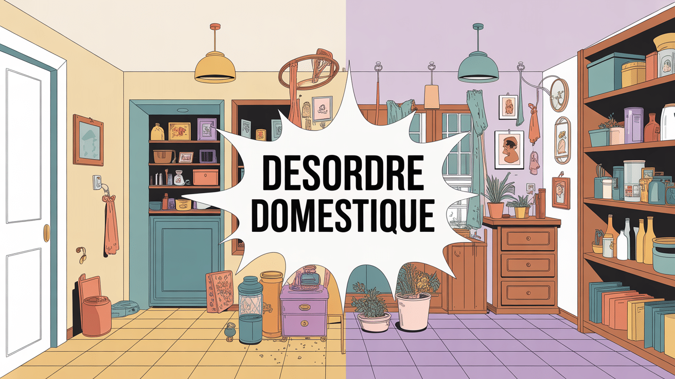 Scene maison rangee et desordonnee, texte desordre domestique central