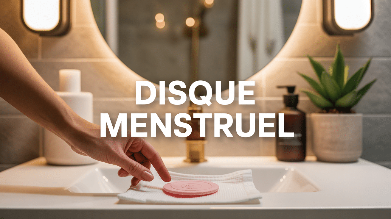 disque menstruel deposé sur serviette salle de bain