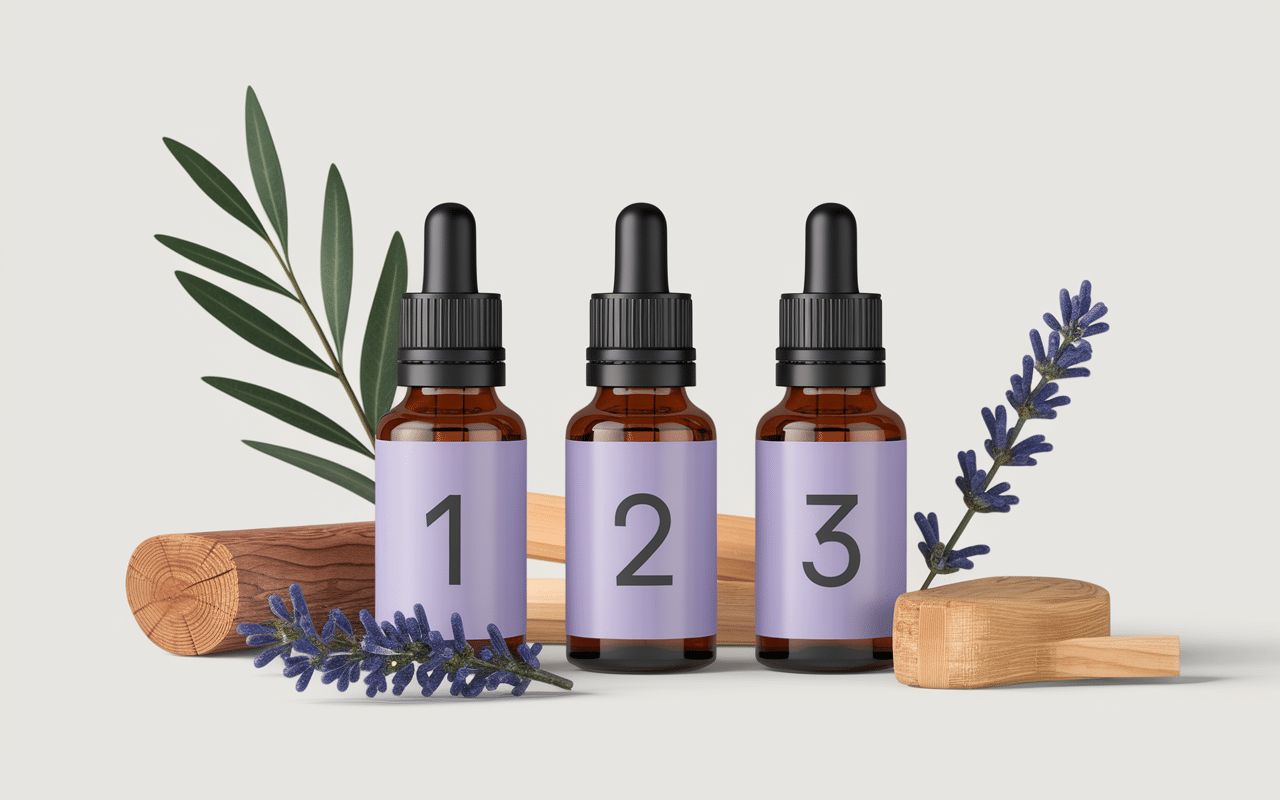 Flacons huiles essentielles tea tree lavande cèdre