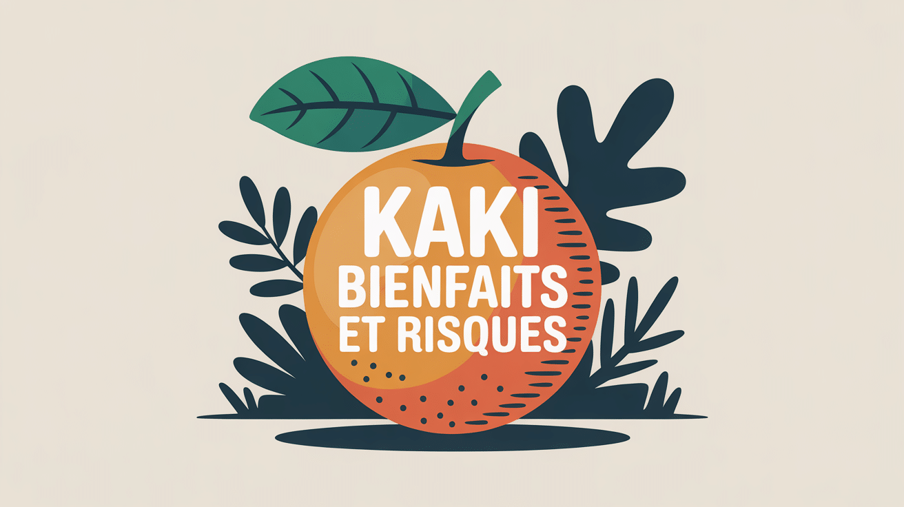Image de kaki orange vif avec feuilles automnales, texte kaki bienfaits et risques