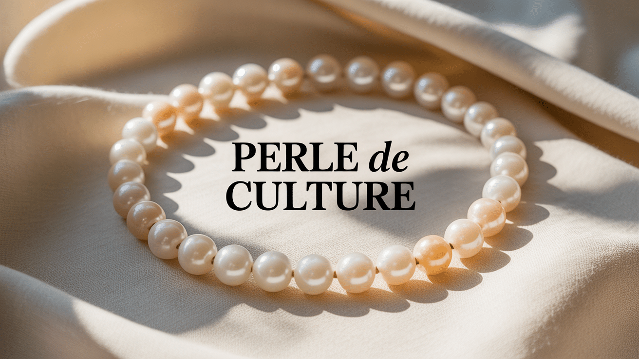 Collier de perles de culture sur tissu doux, lumière naturelle