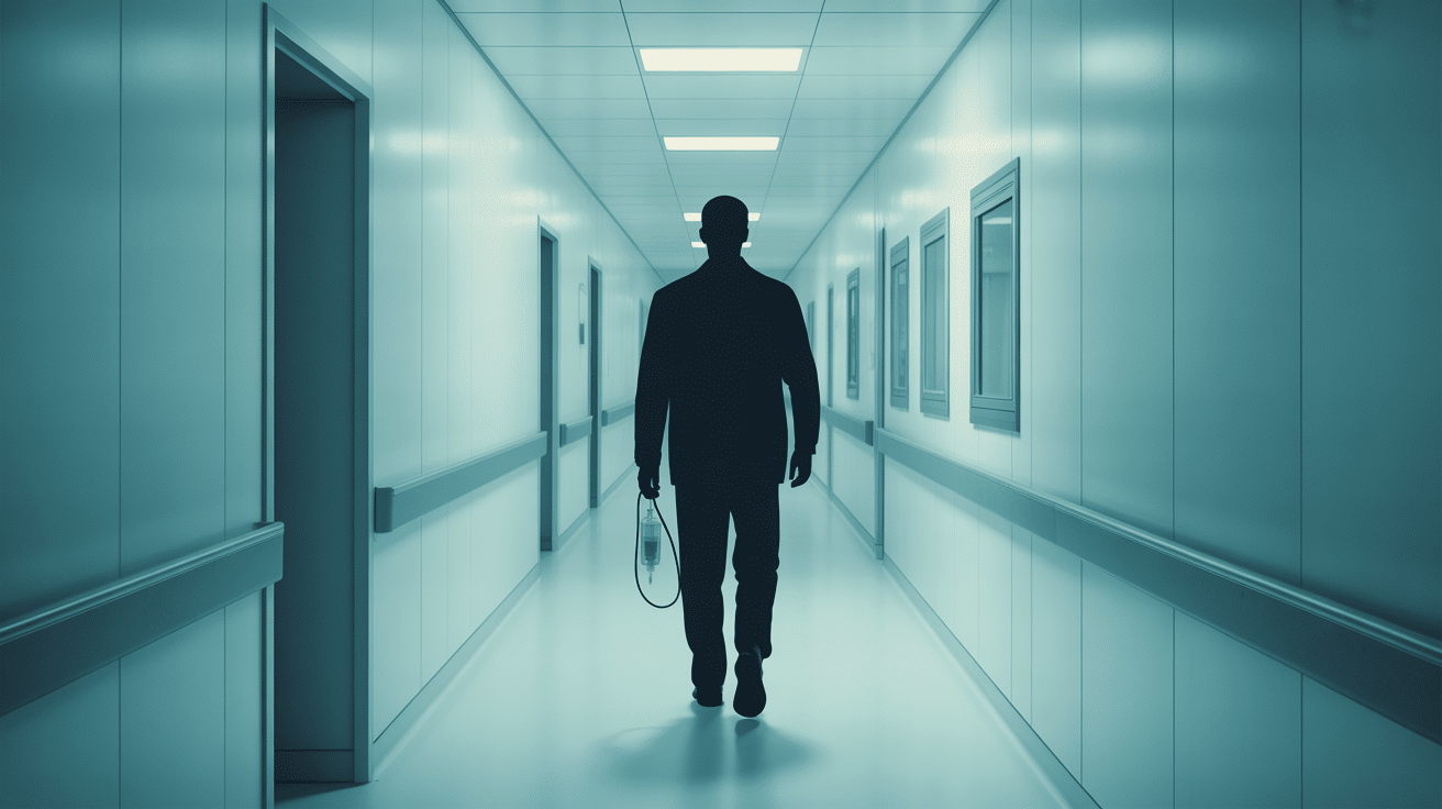 personne marche avec sonde JJ à l'hôpital