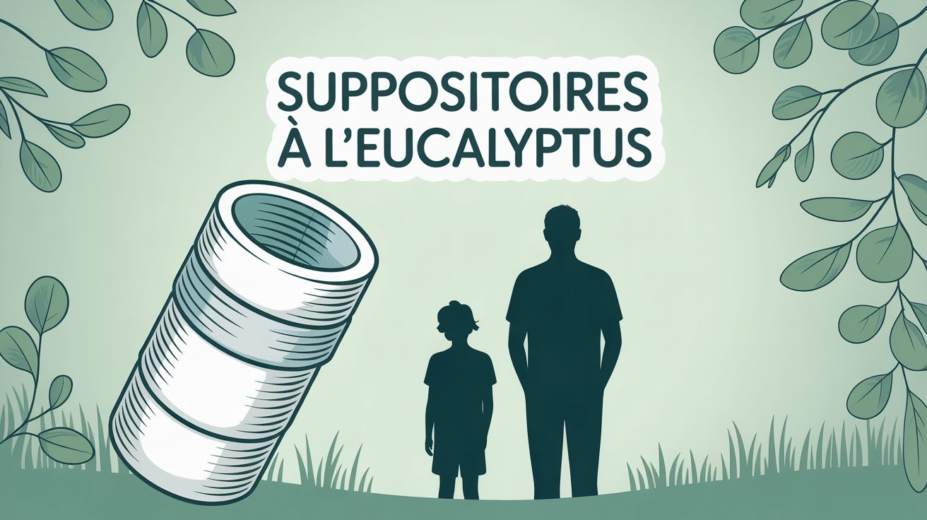 Suppositoire eucalyptus blanc vert avec feuille et silhouettes enfant adulte