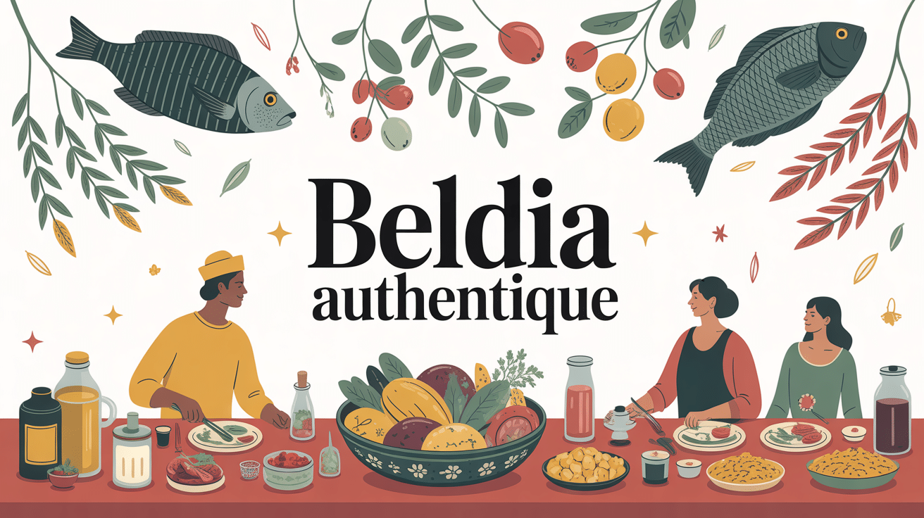 Table marocaine familiale avec produits Beldia authentique