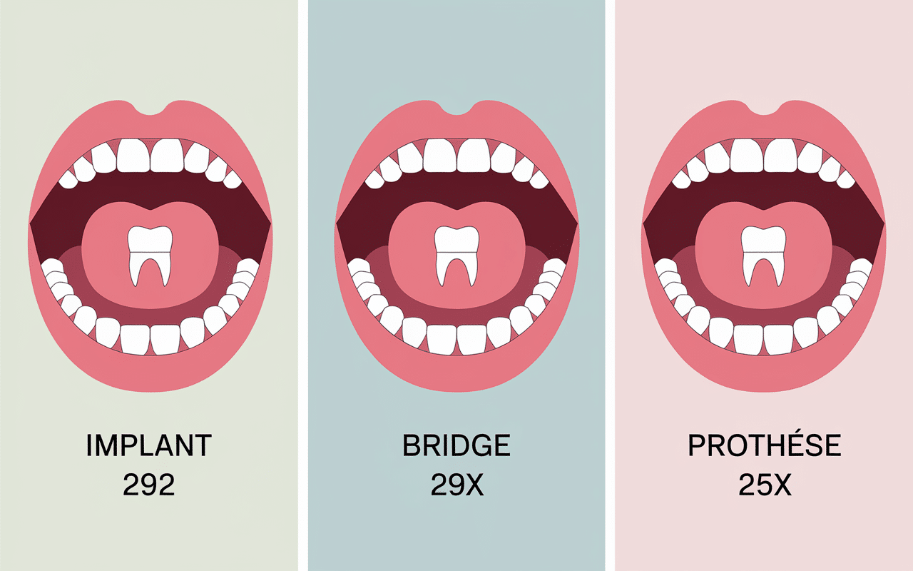 Tableau comparatif fausse dent implant bridge prothèse