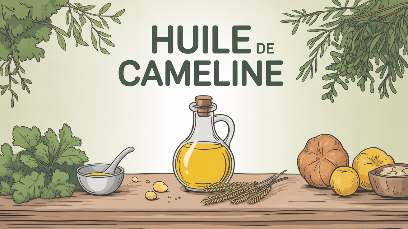 huile de cameline en bouteille sur table, graines et feuillage