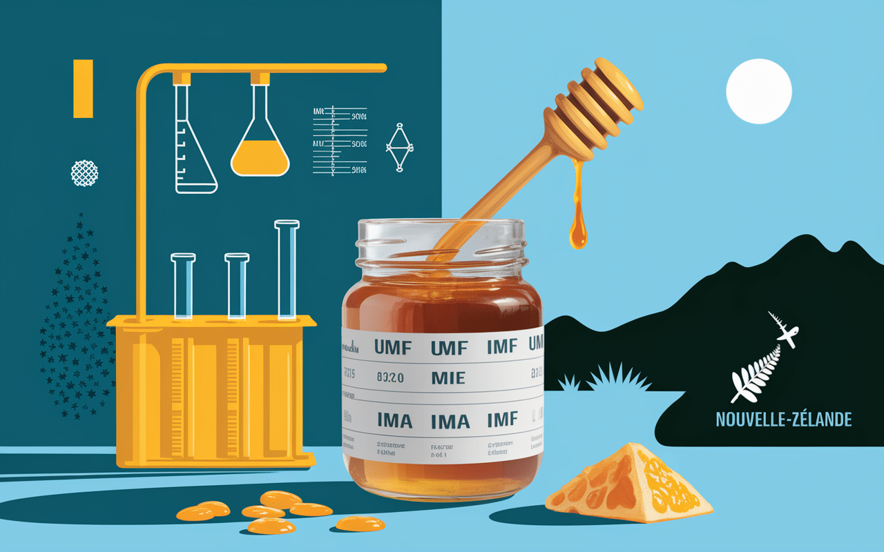Pot de miel de Manuka indexé avec labels qualité et paysage Nouvelle-Zélande
