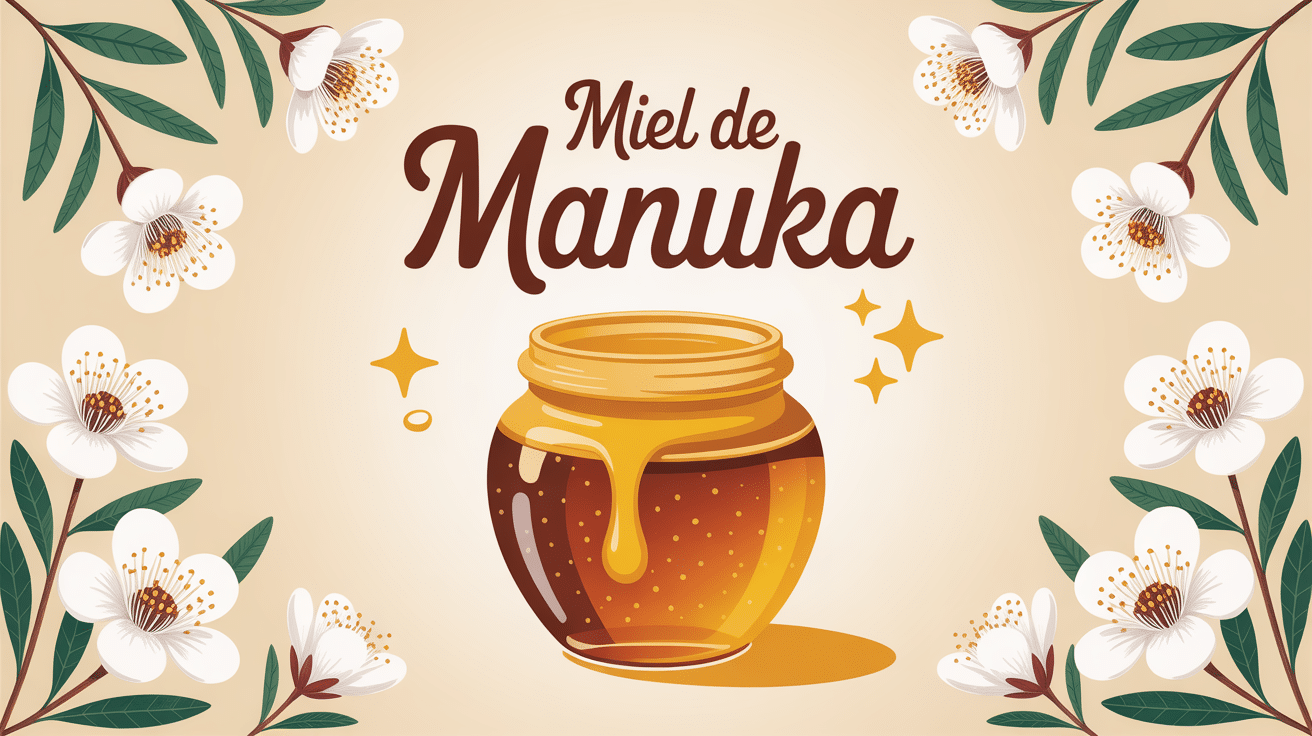 Pot de miel de Manuka ouvert avec fleurs blanches et symbole santé