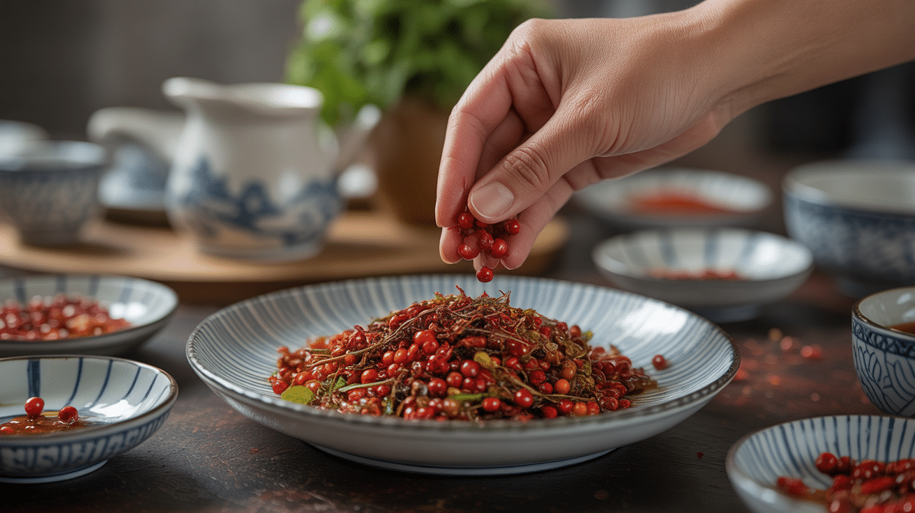Main versant poivre de Sichuan sur plat familial ambiance asiatique