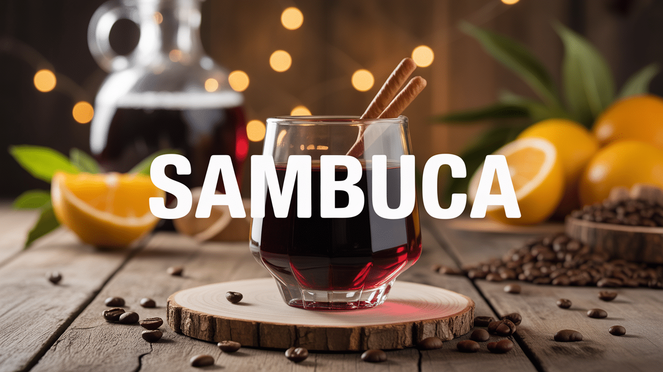 Verre de sambuca avec grains de cafe et bouteille italienne