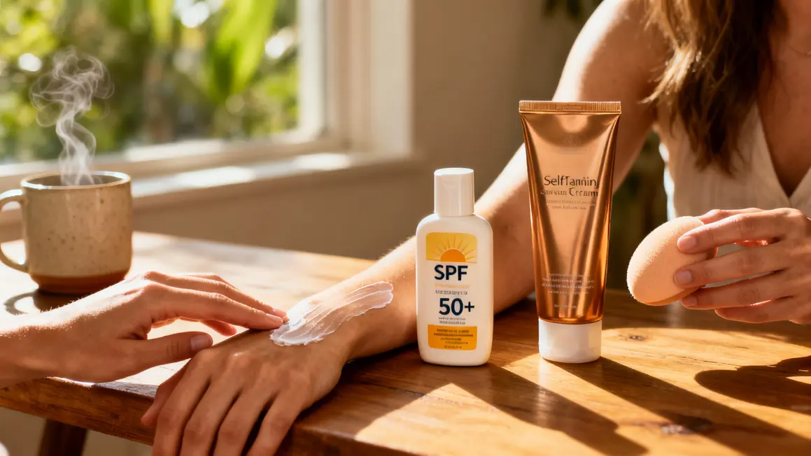 Auto-bronzant, crème solaire SPF 50+, application solaire