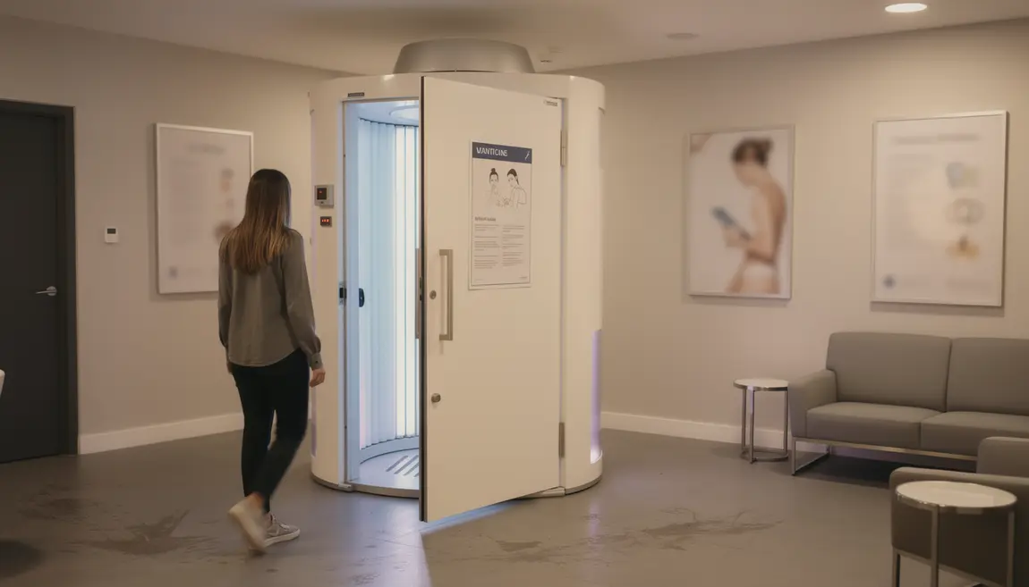Cabine de bronzage avec affiche d’avertissement et lumière UV douce