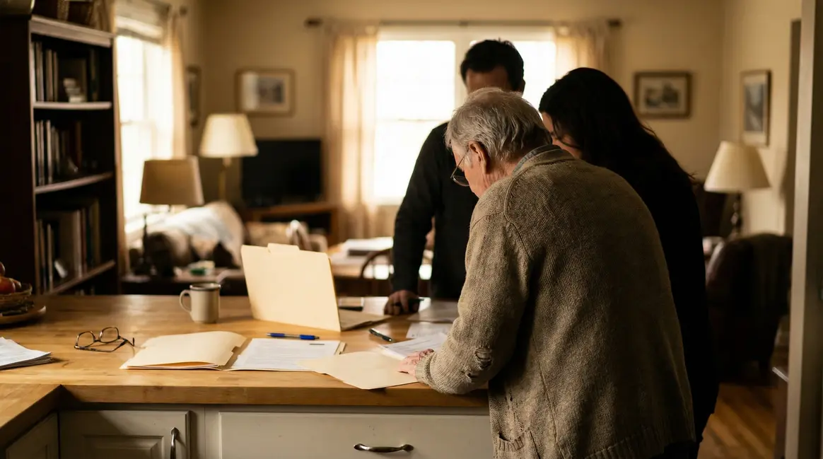 Famille réunie préparant dossier admission EHPAD