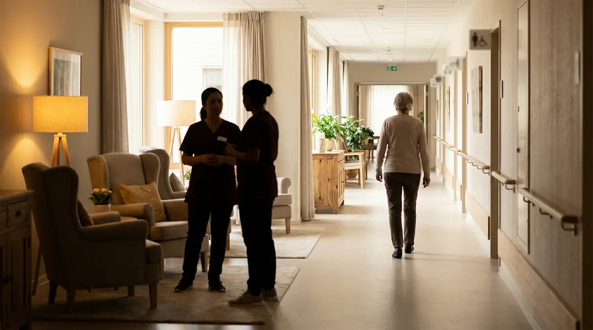 Espace Alzheimer sécurisé lumineux, soignants et familles, résidents en bien-être