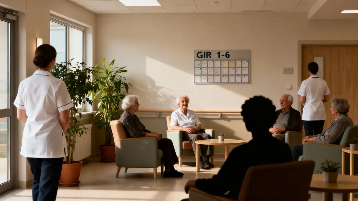 Salle commune EHPAD avec seniors et équipe médicale