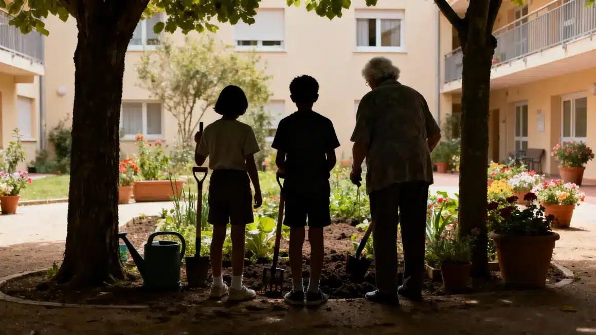 Enfants et seniors jardinent EHPAD