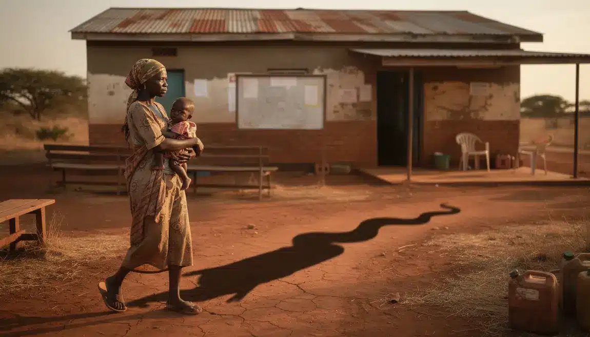 Penurie antivenin, femme et enfant village africain