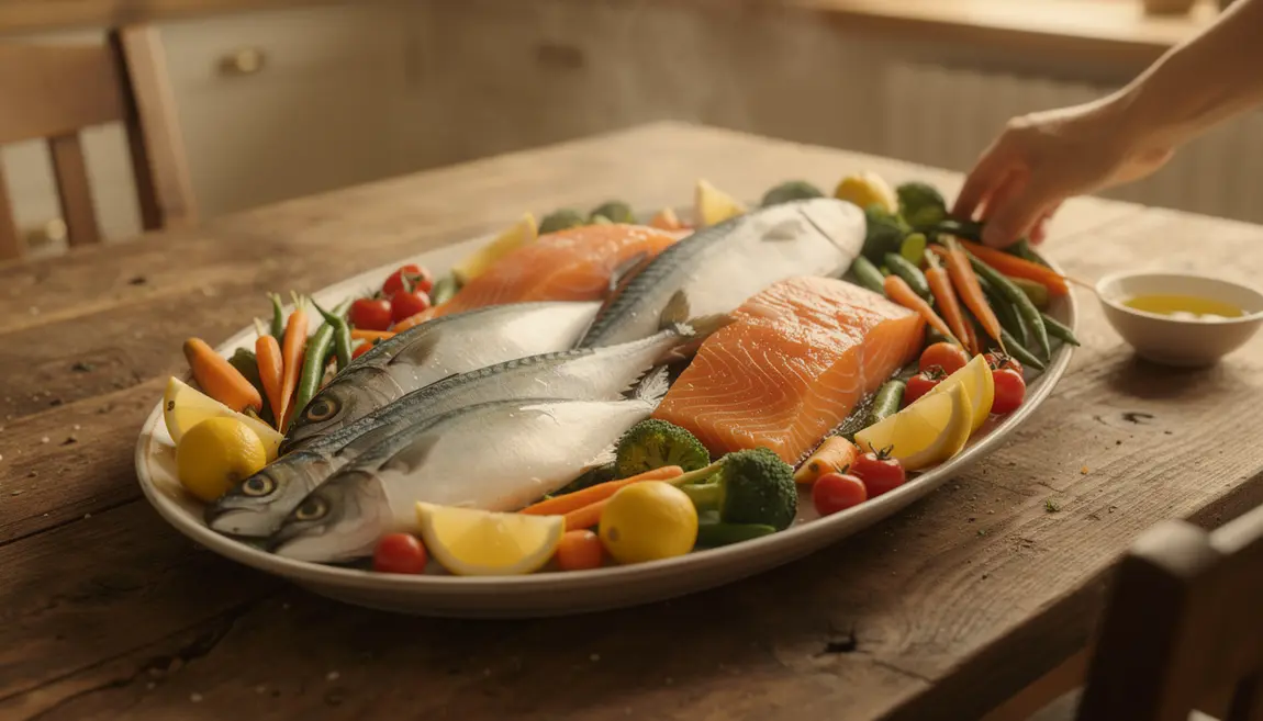 Table avec poissons gras oméga-3, ambiance santé