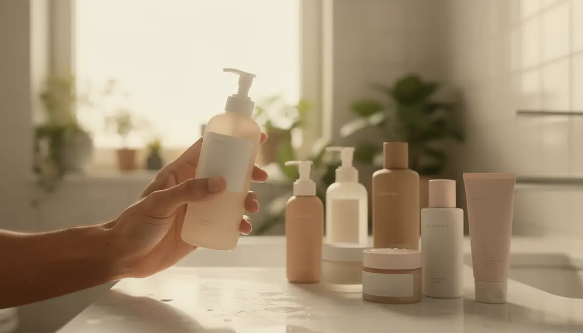 cosmetiques sains salle de bain moderne main inspecte etiquette