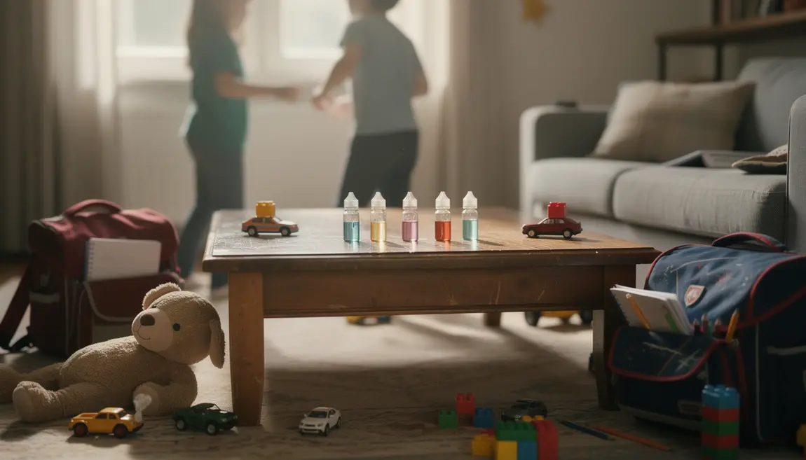 flacons e-liquide sur table risque enfants maison