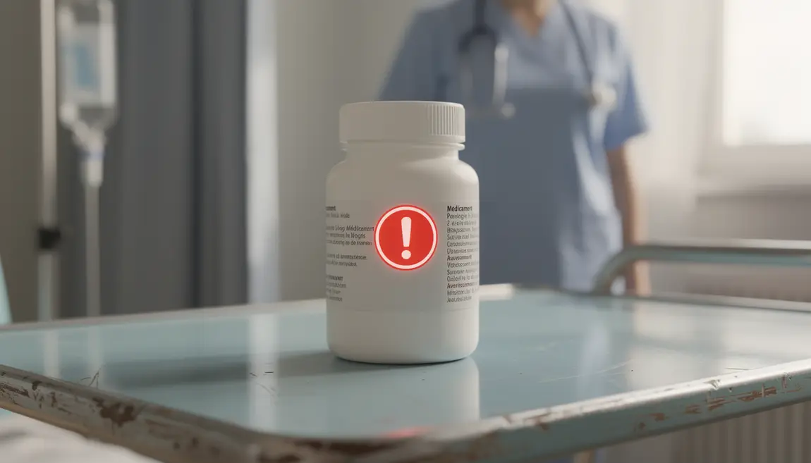 flacon de medicament sur table d'hopital alarme rouge