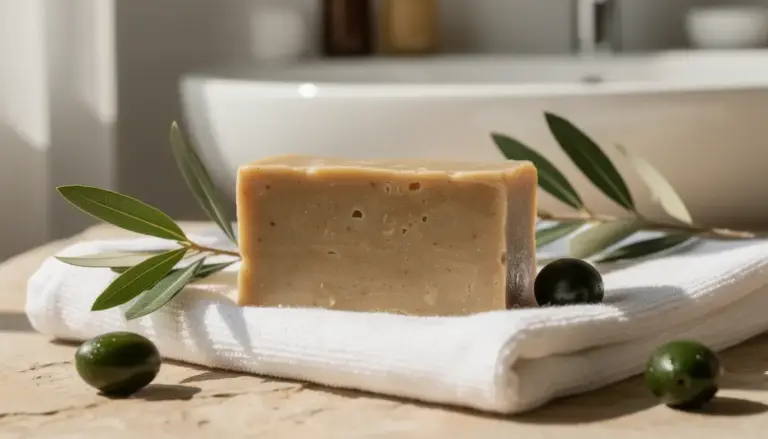 Savon d'Alep pour l'acné sur serviette, branches de laurier et olives.