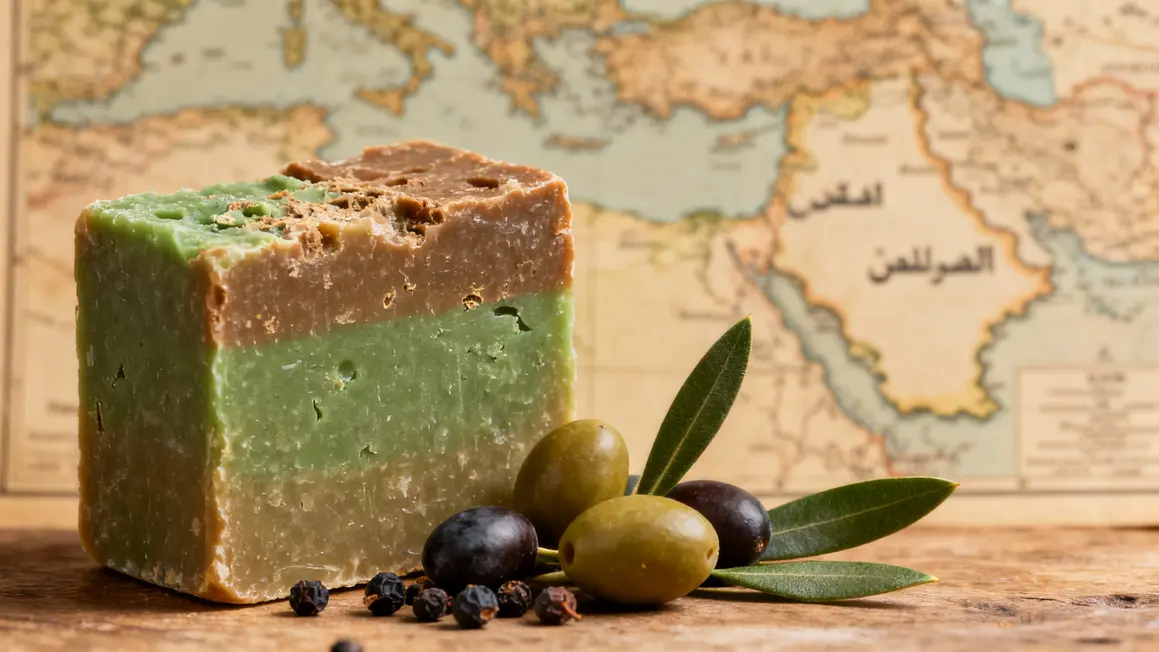 Bloc Savon d'Alep, olives, baies de laurier, carte Syrie.