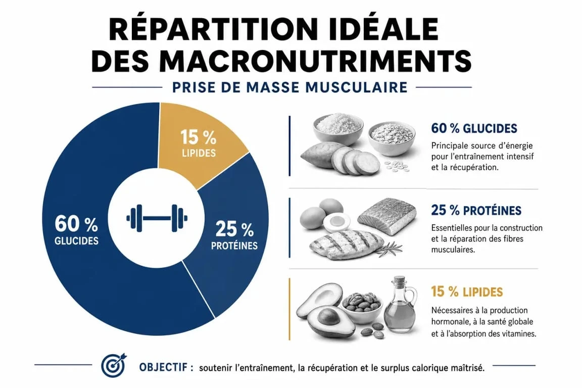 Infographie sur la répartition des macronutriments pour une prise de masse musculaire efficace
