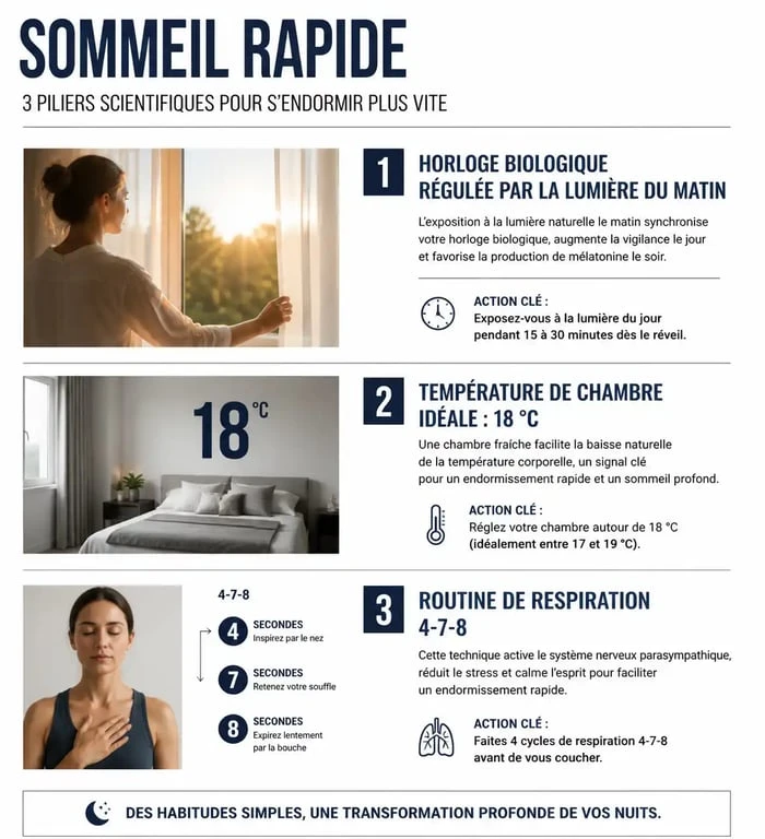 Infographie sur les méthodes pour trouver le sommeil rapidement et améliorer son hygiène de vie.