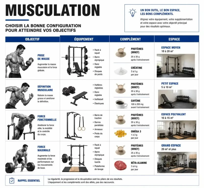Tableau comparatif des équipements et compléments pour musculation selon les objectifs