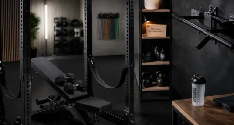Équipement pour musculation à domicile : power rack, haltères et banc