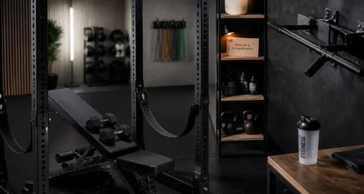 Équipement pour musculation à domicile : power rack, haltères et banc