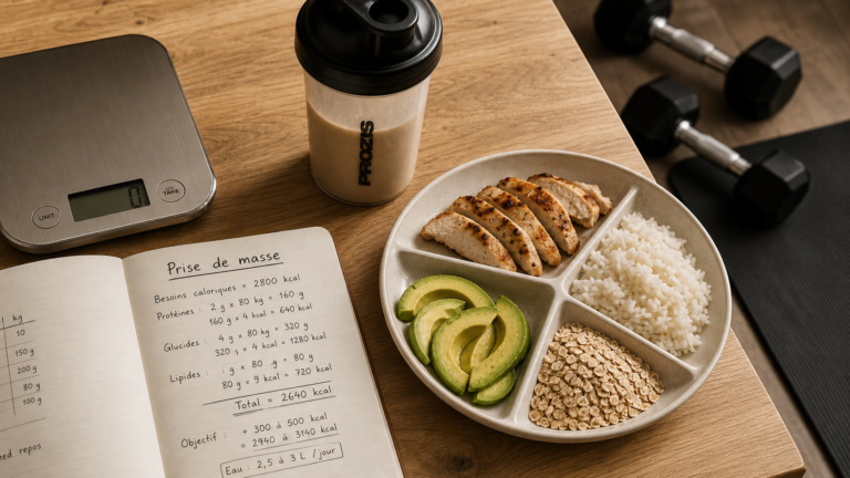 Prise de masse musculaire aliments : 1,6 g de protéines, shaker et repas équilibré