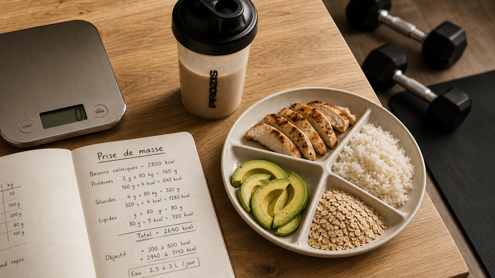 Prise de masse musculaire aliments : 1,6 g de protéines, shaker et repas équilibré