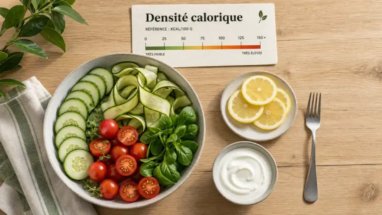 Aliments faibles en calories : densité calorique 40–50 kcal/100 g
