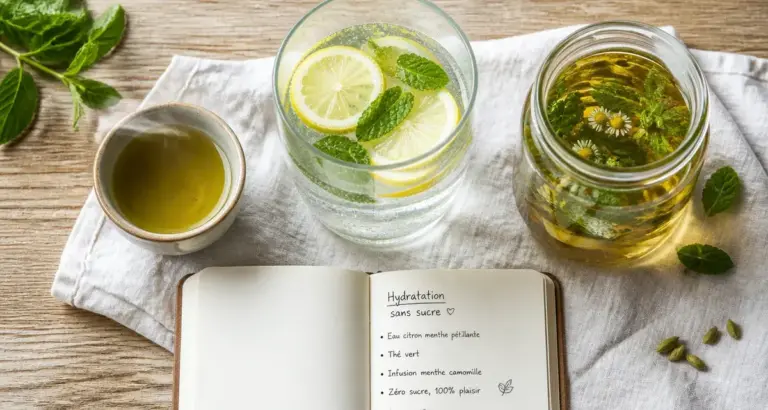 Boisson pour perdre du poids : eau pétillante citron et thé vert sans sucre