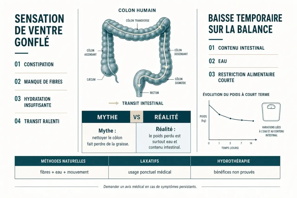 Nettoyage du côlon et perte de poids : schéma comparatif du transit, de l’eau et de la graisse corporelle
