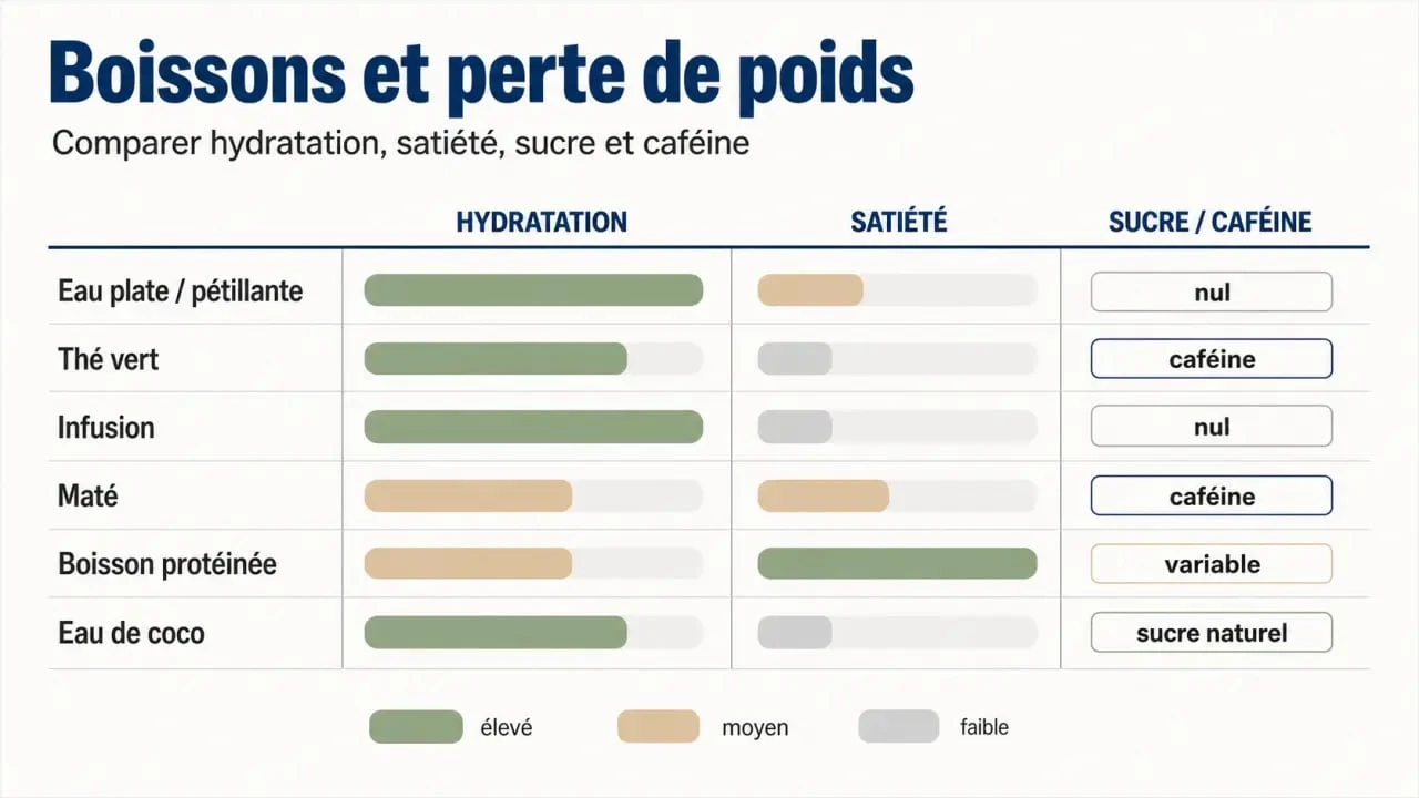Boisson pour perdre du poids : comparaison visuelle des boissons les plus utiles selon l’hydratation, la satiété et les sucres