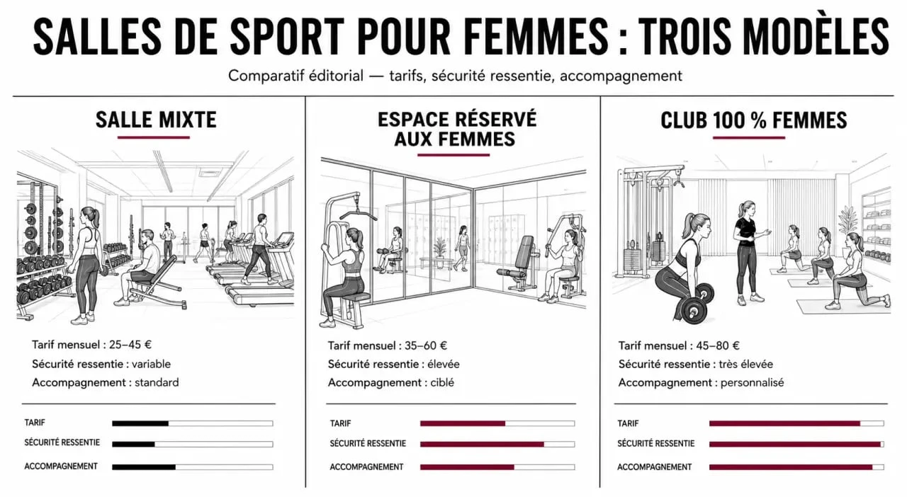 Femme salle de sport : visuel comparatif des salles mixtes, espaces réservés et clubs 100 % femmes