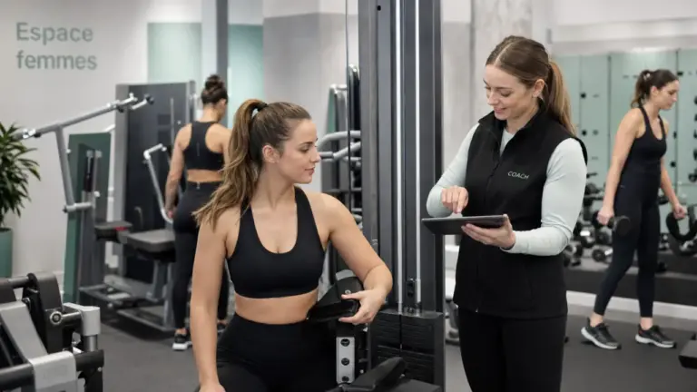 Femme en salle de sport dans un espace réservé femmes, coach féminin