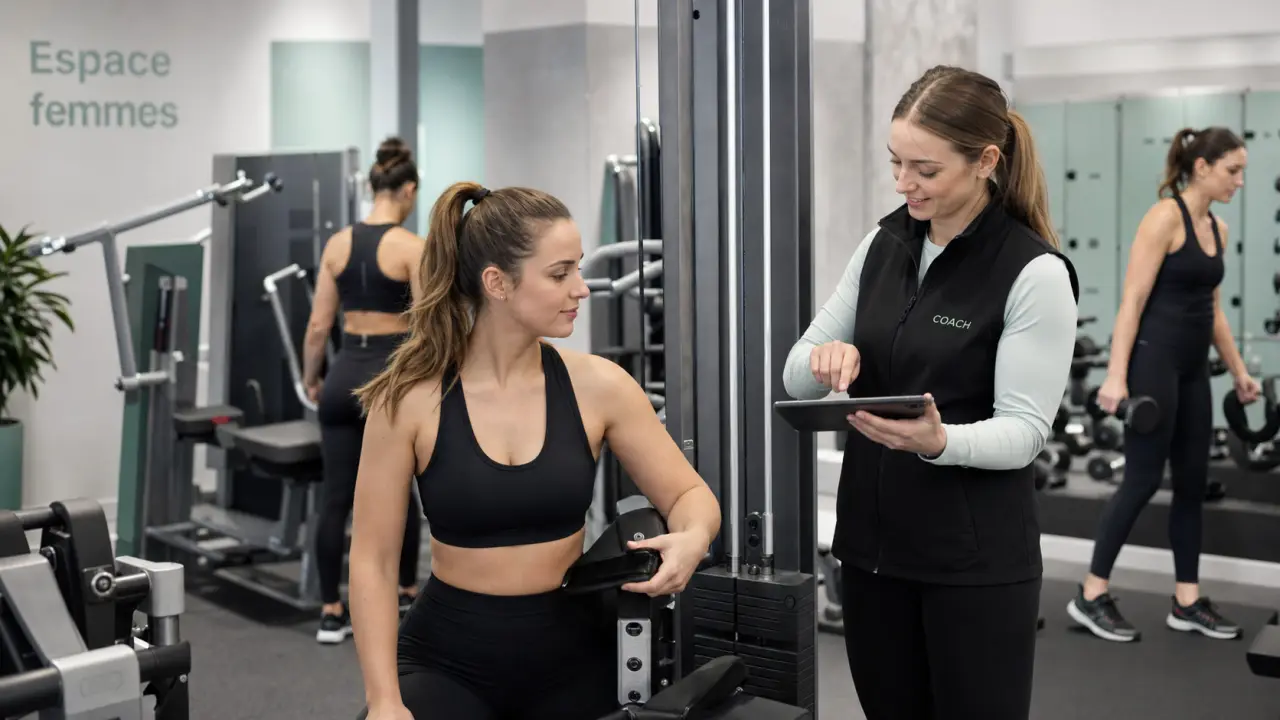 Femme en salle de sport dans un espace réservé femmes, coach féminin