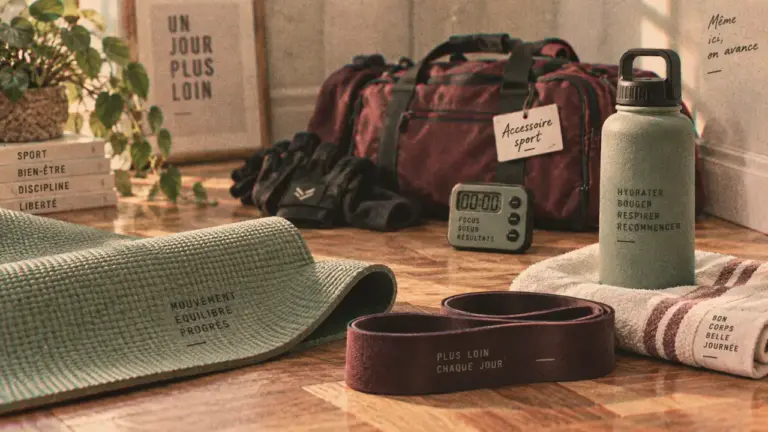 Accessoire pour sport : tapis, élastique et gourde sur sol parquet