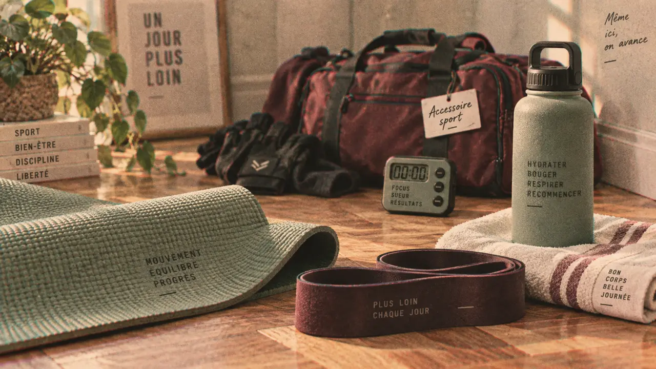 Accessoire pour sport : tapis, élastique et gourde sur sol parquet