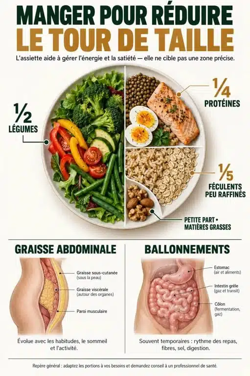 Alimentation pour maigrir du ventre : assiette équilibrée avec protéines, légumes, fibres et féculents complets